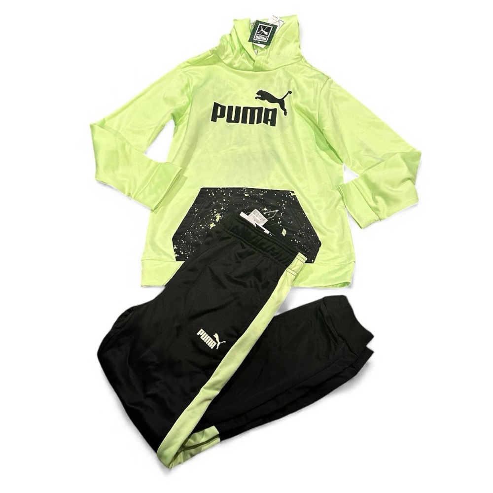 Puma Kids Splatter 2 Piece Youth ActiveWear Hoodie Pants Fizzy Apple Set L